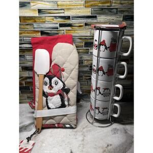 Lot Of Peppermint & Pine Christmas Mugs with Rack Potholders Spatula Towel NWT